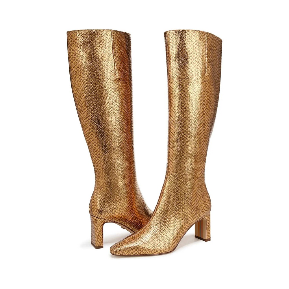 Sam Edelman Gold Snake Leather Knee High Boots Sz 6.5 Wide Calf Retro Glam Disco